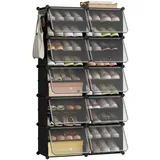 eSituro Schuhboxen, 20er Set, Schuhorganizer Schuhkarton stapelbar, Schuhregal Kunststoff, mit Haken, Tür, Schuhaufbewahrung platzsparend, Schwarz