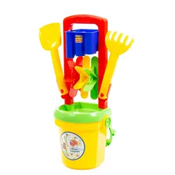 Polesie Sandspielzeug-Set 38319 Sandmühle Eimer mit Siebdeckel Schaufel Rechen gelb