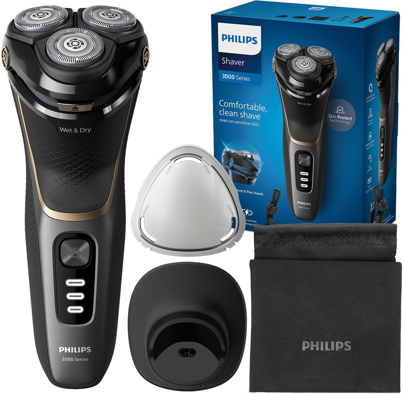 Philips Shaver Series 3000 – Elektrischer Nass- und Trockenrasierer für Männer in Schwarz, mit SkinProtect-Technologie, ausklappbarem Bartschneider, Ladestation und Reisetasche (Modell S3342/13)