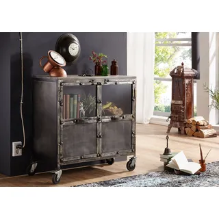 industrial Vitrine klein Sideboard m. 4 Rollen - Eisen u. Mangoholz massiv 90x90