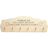 Schlüsselbrett Holz „Familie ist wo Leben beginnt und Liebe niemals endet“ - Schlüsselleiste mit Spruch und 6 Haken - Schlüsselboard Geschenk für Familie und Freunde
