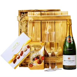 Geschenkbox-24 Geschenkset Nizza | Geschenkkorb gefüllt mit Sekt Brut Chardonnay, Lindt Pralinen & Holzkiste