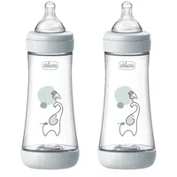 Chicco 2 Anti-Kolik-Flaschen PERFECT 5 à 300 ml, Doppelflasche mit mittlerem Durchfluss für 4 Monate + mit weichem Silikonsauger, Flasche ähnlich der Mutterbrust, Flasche für gemischte Ernährung