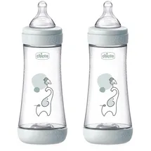 Chicco 2 Anti-Kolik-Flaschen PERFECT 5 à 300 ml, Doppelflasche mit mittlerem Durchfluss für 4 Monate + mit weichem Silikonsauger, Flasche ähnlich der Mutterbrust, Flasche für gemischte Ernährung