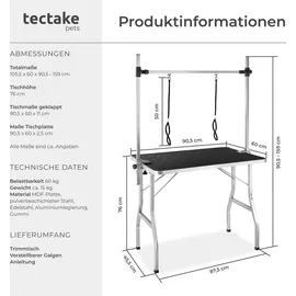 Tectake Trimmtisch, mit höhenverstellbarem Galgen und 2 Schlingen, rutschfeste und kratzfeste Gummibeschichtung, Belastbarkeit 60 kg