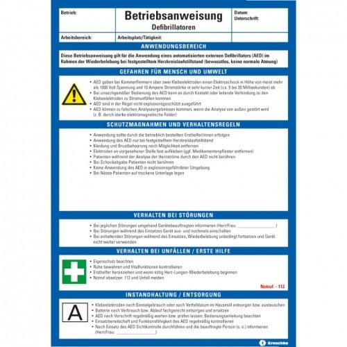 Maschinenbetriebsanweisung Defibrillatoren, Kunststoff, 210x297mm, ASR A1.3, DIN EN ISO 7010