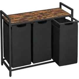 VASAGLE Wäschekorb 3 Fächer, Wäschesammler mit Ablage, Wäschebox, Wäschesack aus Oxford-Gewebe abnehmbar, Metallrahmen, 3 x 40 L, 92,5 x 33 cm, tintenschwarz-vintagebraun BLH301B01