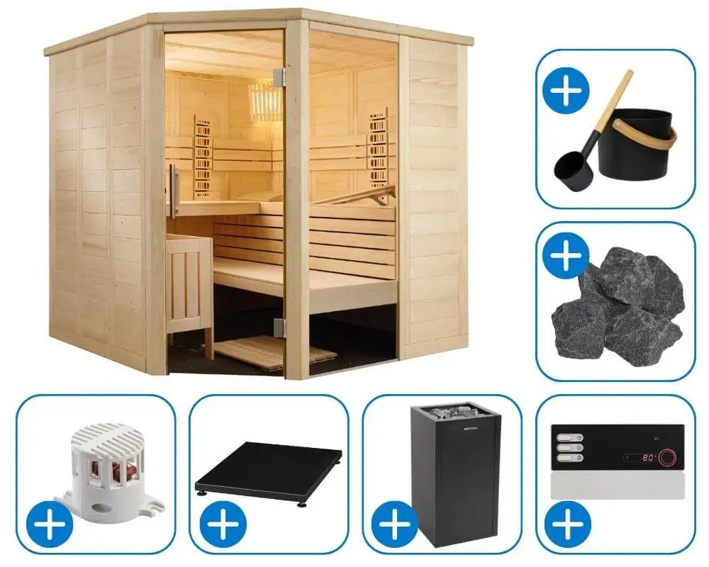 Sentiotec Sauna Alaska Corner Komplett-Set, Saunaofen: Finnischer-Ofen