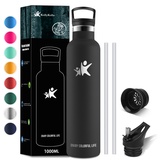 KollyKolla Thermosflasche, Trinkflasche Edelstahl 1L, Thermoskanne Kohlensäure Geeignet, mit Strohhalm, BPA-frei Isolierflasche Auslaufsicher Wasserflasche für Erwachsene, Fitness, Schule, Sport, Gym