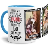 Tassendruck Fototasse mit Spruch - Mein Hund, Meine Welt - zum Selbst gestalten mit 2 Fotos für Hundebesitzer, Innen & Henkel Hellblau, 300 ml