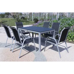 VILLANA Garten-Essgruppe, silber/schwarz, Alu/Holzimitat/Textil, Tisch 150x90cm, 6 Sessel, stapelbar
