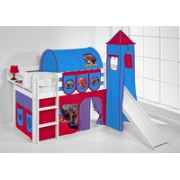 Lilokids Kinderbett Spielbett JELLE Spiderman - Hochbett - mit Turm, Rutsche und Vorhang 200 cm