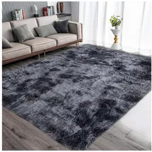 luxuskollektion Teppich Rund Flauschig Groß Hochflorteppich 160 x 200 cm Grau/Schwarz