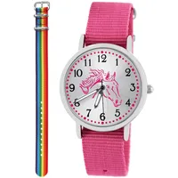 Pacific Time Kinder Armbanduhr Mädchen Junge Pferd Kinderuhr Set 2 Textil Armband rosa + bunt Regenbogen analog Quarz 10555