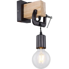 ETC Shop Wandleuchte hängend Wandlampe aus Holz mit Schraubzwinge schwarz, 1x E27, Textilkabel schwarz, 14x28x15cm, Flur Schlafzimmer Treppenhaus Wohnzimmer