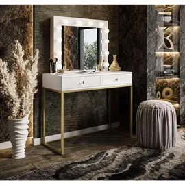 lookway Schminktisch, BLANCO GOLD mit Spiegel und Beleuchtung Weiß, Kristallgriff