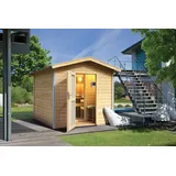 Karibu Bosse 1 - 38 mm Gartensauna mit Vorraum und Satteldach-9 kW Bio-Kombiofen inkl. Steuergerät-Milchglas-Saunatür (blickdicht)