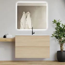 Homestyle4u Waschtischkombi, Eiche, Holz, Keramik, 80x54x47 cm, Badezimmer, Badezimmerschränke, Waschtischkombinationen
