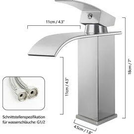 CECIPA Wasserhahn Bad, Wasserfall Wasserhahn Bad Edelstahl Waschtischarmatur Wasserfall mit Auslauf Höhe 84MM Waschbecken Armatur Chrom Einhebelmischer Warm und Kalt wasser Mischbatterien Bad