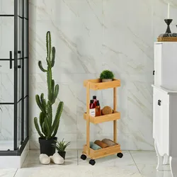 Relaxdays Rollwagen, Bambus, 3 Ebenen, HxBxT: 71,5x31x18 cm, 4 Rollen, Badezimmer, Küche, schmaler Beistellwagen, natur