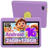 Happybe 10 Zoll 64GB/128GB Android 16 mit Hülle Kindersicherung WLAN Kinder Tablet (10.1", 128 GB, Android, 24(3+21)GB RAM, 6000 mAh) lila