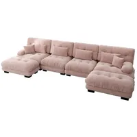 Odikalo 2-Sitzer Schlafsofa Polstersofa Ecksofa, Chenille-Stoff, modulares Ecksofa mit 2 mobiler Ottomane,feines Steppdesign,weich & stützend, ergonomisch geformte Rückenlehne, einfach aufzubauen rosa