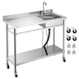 Vevor Spültisch Spülbecken Edelstahl (1200 x 500 x 1055 mm), Einzelbecken mit Wasserhahn & Rädern, Küchenspüle für Garage Restaurant Wäscherei, Waschtisch Außenspüle mit Arbeitsplatte (links)