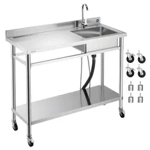 Vevor Spültisch Spülbecken Edelstahl (1200 x 500 x 1055 mm), Einzelbecken mit Wasserhahn & Rädern, Küchenspüle für Garage Restaurant Wäscherei, Waschtisch Außenspüle mit Arbeitsplatte (links)