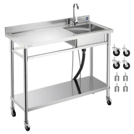 Vevor Spültisch Spülbecken Edelstahl (1200 x 500 x 1055 mm), Einzelbecken mit Wasserhahn & Rädern, Küchenspüle für Garage Restaurant Wäscherei, Waschtisch Außenspüle mit Arbeitsplatte (links)