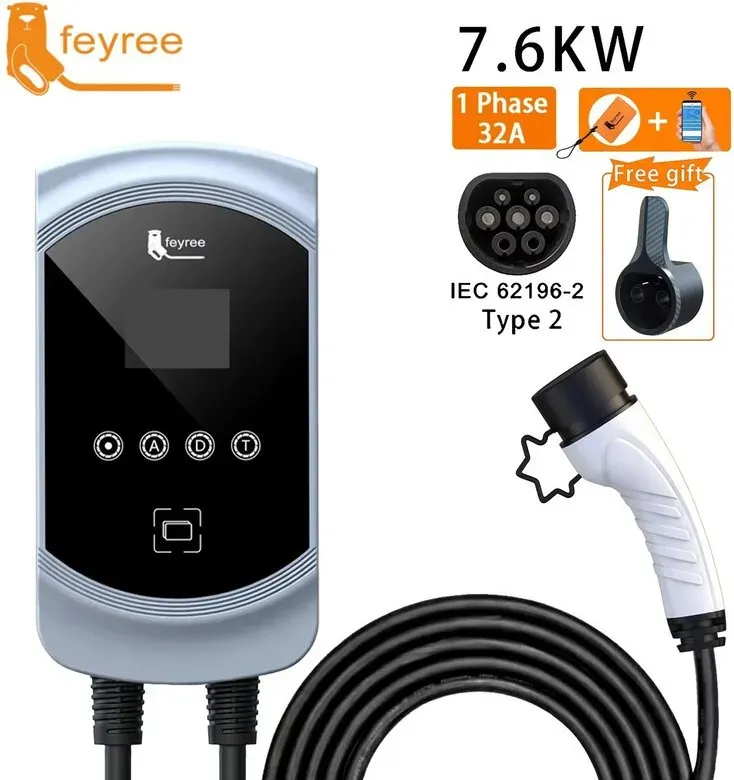 feyree E‐Auto‐Ladestation, 32 A, 7,6 kW, Einphasen, EVSE, Wandladestation, Typ 2, Ladekabel, IEC62196‐2‐Steckdose, App‐Steuerung
