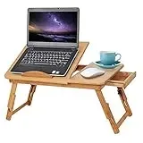 Bambus Laptoptisch für Couch Bett Tabletttisch Notebooktisch klappbarer, Höhenverstellbarer Laptoptisch mit Schublade und Lüftungslöchern, Schoßschreibtisch (D)