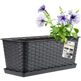 Kadax Blumenkasten 40 cm Anthrazit mit Untersetzer, Rattan-Optik – Pflanzkasten für Balkon oder Fenster, robuster Balkonkasten