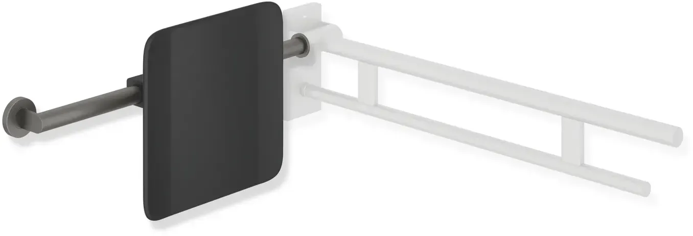 Rückenstütze mobil, Anbindung aus Edelstahl, pulverbeschichtet, Lehne Kunststoff, Achsmaß verstellbar, einseitig Montage an der Wand mit Rosetten (rechts), einseitig Montage an Stützklappgriffen Design (A) des Systems (links), in Farbe AS