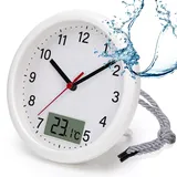 VIVILINEN Badezimmeruhr mit Temperaturanzeige Wanduhr ohne Tickgeräusche Küchenuhr mit Hängeband & Standfuß Feuchtigkeitsgeschützt 17cm