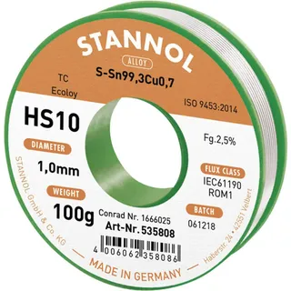 Stannol HS10 2,5% 1,0MM SN99,3CU0,7 CD 100G Lötzinn, bleifrei bleifrei, Spule Sn99,3Cu0,7 100g 1mm