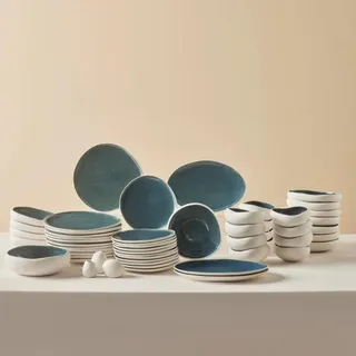 KARACA Earth Collection Oscar 55-teiliges Steinzeug-Geschirrset für 12 Personen, buntes Teller- und Schüsselset, spülmaschinen, komplette mit neuem galaktischem Reactive Glaze-Finish, Blau
