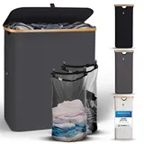 HENNEZ Wäschekorb mit Deckel, 2 Fächer Schmal Grau 140L Wäschesack - Wäschesortierer Wäschebox Wäschetonne Wäschesammler Wäschetruhe Waschekorbsammler Laundry Baskets