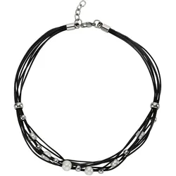 Collierkettchen ZEEME "Leder schwarz mit Stahlkugeln und weißen Perlen", weiß, Halsketten, Damen, 42 + 3cm, Edelstahl, L: 45cm B: 9.0mm, unifarben, B:9.0mm