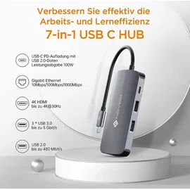 NOVOO USB C Hub Gigabit Ethernet USB C Adapter 7 in 1 MacBook Pro Air Adapter,4K HDMI,4xUSB,100W PD+Daten Hub USB C,für MacBook M1 M2,Surface Pro/Go,Pad Pro/Air,Dell,HP Laptop und mehr Typ C Geräten