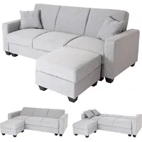 MCW Sofa MCW-H47 mit Ottomane, Couch Sofa Gästebett, Schlaffunktion Stauraum 217x145cm ~ Stoff/Textil hellgrau