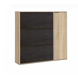 Dmora Schuhschrank Provo, Schuhschrank mit 4 Türen, Niedriger Mehrzweckschrank mit 5 Einlegeböden, 106x22h115 cm, Eiche und Schwarz