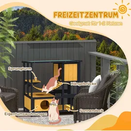 PawHut Katzenhaus aus Holz mit Hängebrücke für 1-2 Katzen bis 5 kg Gelb 84,5 x 60 x 88 cm