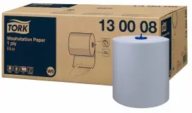 Tork Waschstation Papierwischtücher, W6, 1-lagig, Für anspruchsvolle und luftfeuchte Umgebungen in der Lebensmittelverarbeitung, 1 Karton = 6 Rollen à 250 Meter, blau