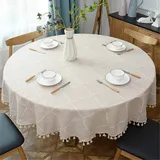Runde Quaste Plaid Tischdecke, Heavy Weight Baumwolle Leinen Stoff Tischdecke für Küche, Essen, Tischdekoration, Beige, 200 cm Rund