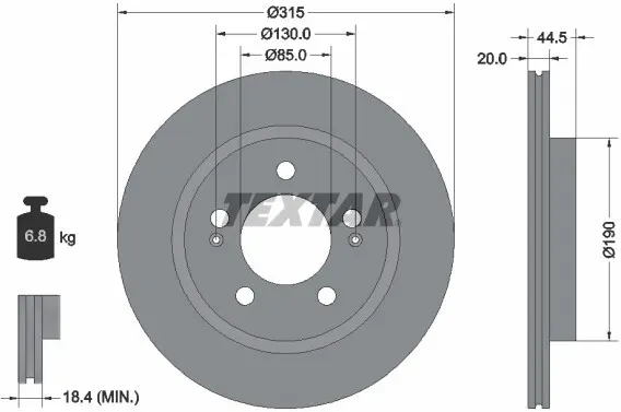 TEXTAR Bremsscheibe hinten rechts links innenbelüftet 315mm für SSANGYONG 4840136100 92332903