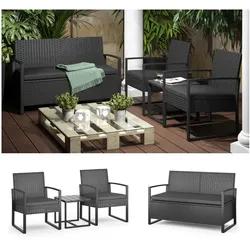 OK-Living Sitzgruppe Kissenbox-Bank Gartenmöbel Rattan Anthrazit Stuhl Tisch