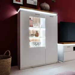 Highboard Vitrine in Weiß und Wildeiche Optik LED Beleuchtung
