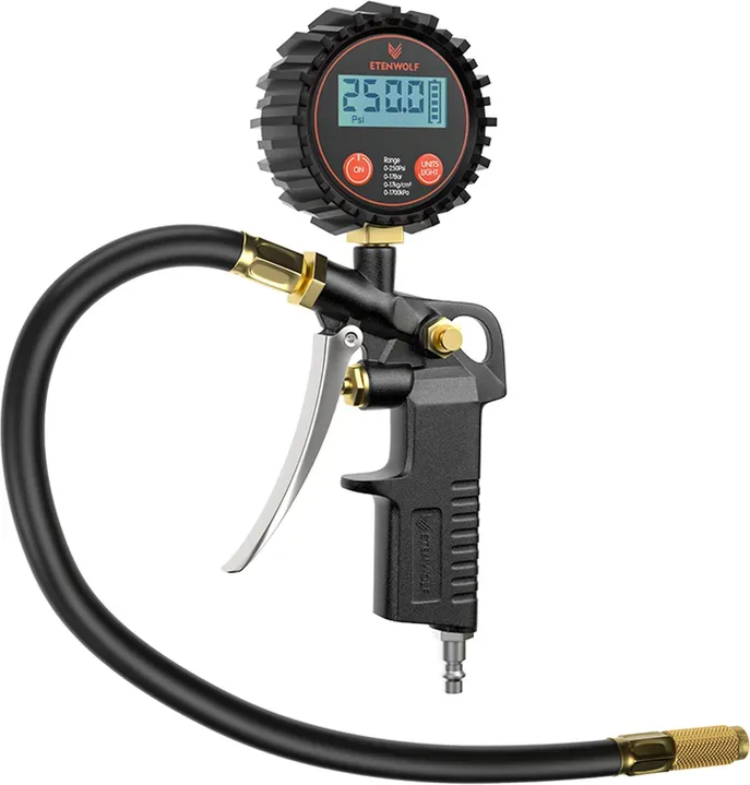 【 €17,99 nach Rabatt】ETENWOLF T500 Digitaler Reifendruckmesser mit Inflator, Reifendruckmesser 0–250 PSI, kalibriert nach ANSI B40.7 Grad 2A, Luftanschluss & Kompressor-Zubehör mit Aufbewahrungstasche, Schwarz