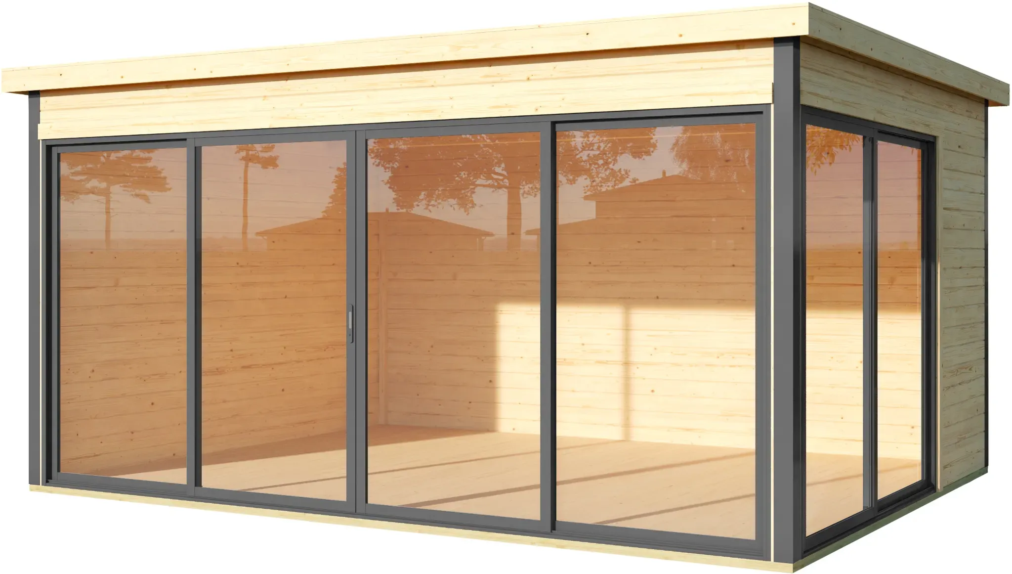 Weka Designhaus 412 Gr. 2 mit Glasschiebetür (Homeoffice-Gartenhaus) - 44 mm naturbelassen 418 x 322 cm - 50 % Rabatt auf Dacheindeckung