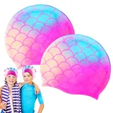 2 Pack Badekappe Kinder, Lange Haare Badekappen für Schwimmer Silikon Gedruckt Badekappen für Badehut Bequeme Passform für Jungen und Mädchen im Alter von 4-12 Jahren (2)